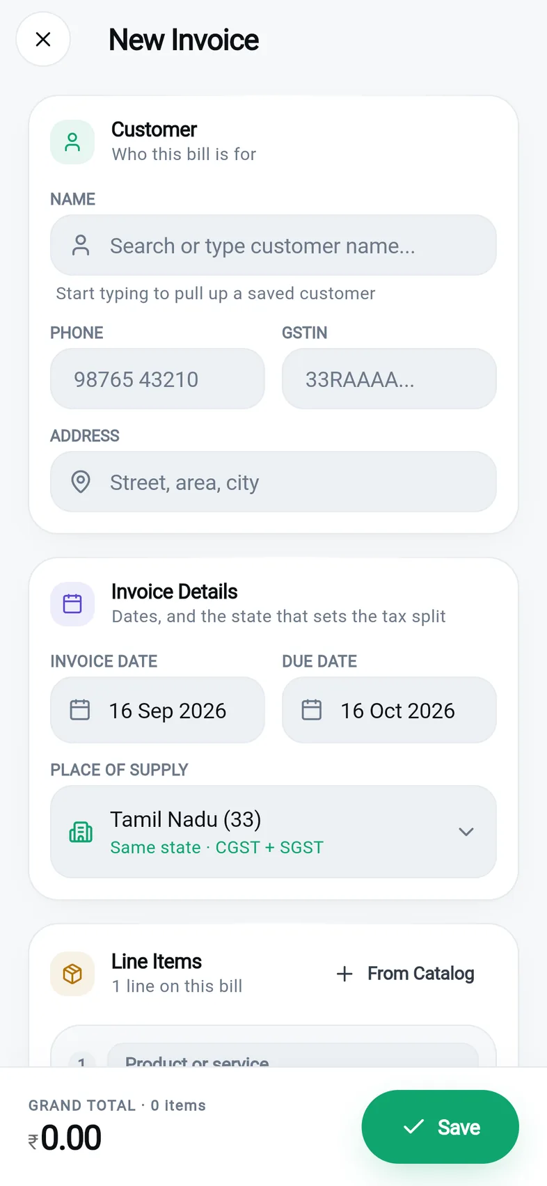 The new invoice screen showing the customer, dates, place of supply and the CGST and SGST split
